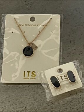 ITS Gold Necklace and Earring Set with Black Semi Precious Stones